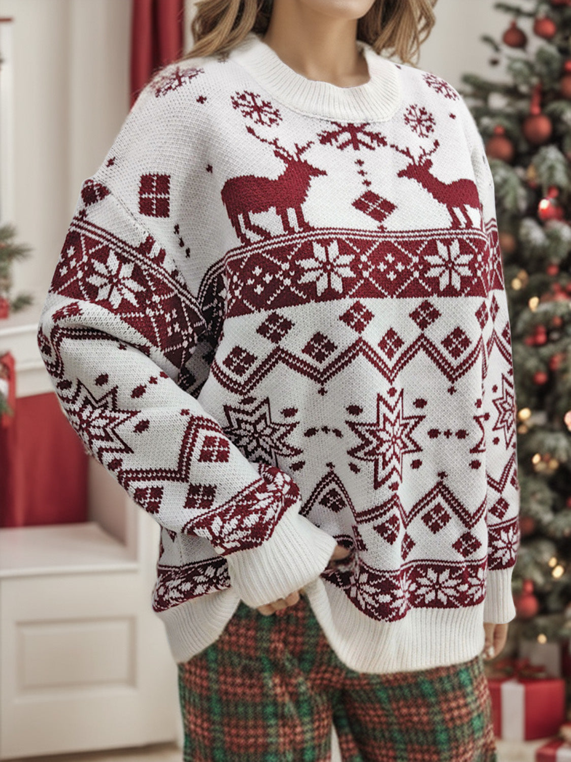 Christmas-Snowflake Contrast Round Neck Long Sleeve Sweater