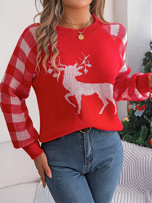 Reindeer Plaid Round Neck Long Sleeve-Ugly Christmas Sweater