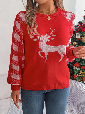 Reindeer Plaid Round Neck Long Sleeve-Ugly Christmas Sweater