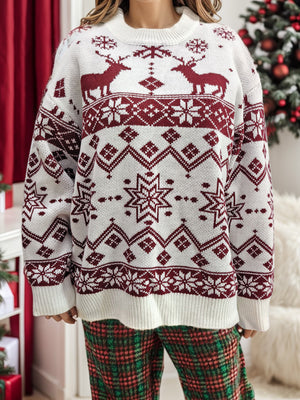 Christmas-Snowflake Contrast Round Neck Long Sleeve Sweater