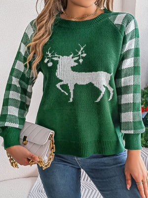 Reindeer Plaid Round Neck Long Sleeve-Ugly Christmas Sweater