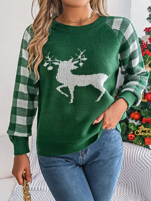 Reindeer Plaid Round Neck Long Sleeve-Ugly Christmas Sweater