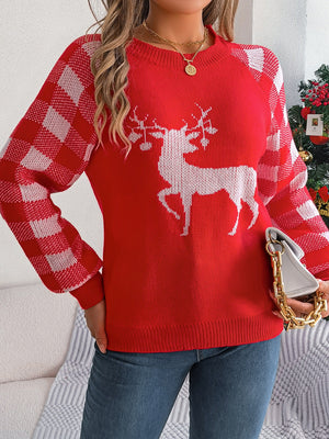 Reindeer Plaid Round Neck Long Sleeve-Ugly Christmas Sweater