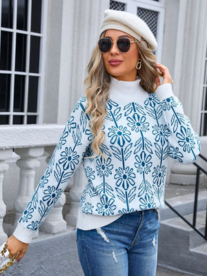 Flower Turtleneck Long Sleeve Sweater