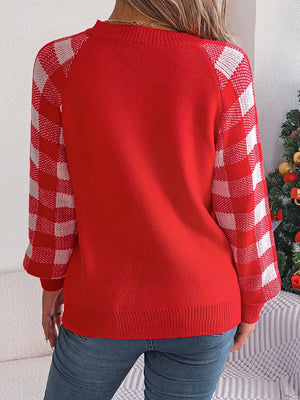 Reindeer Plaid Round Neck Long Sleeve-Ugly Christmas Sweater