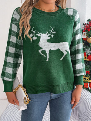 Reindeer Plaid Round Neck Long Sleeve-Ugly Christmas Sweater