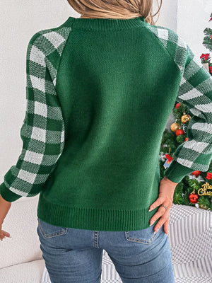 Reindeer Plaid Round Neck Long Sleeve-Ugly Christmas Sweater