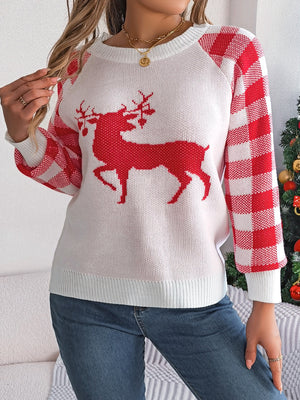 Reindeer Plaid Round Neck Long Sleeve-Ugly Christmas Sweater